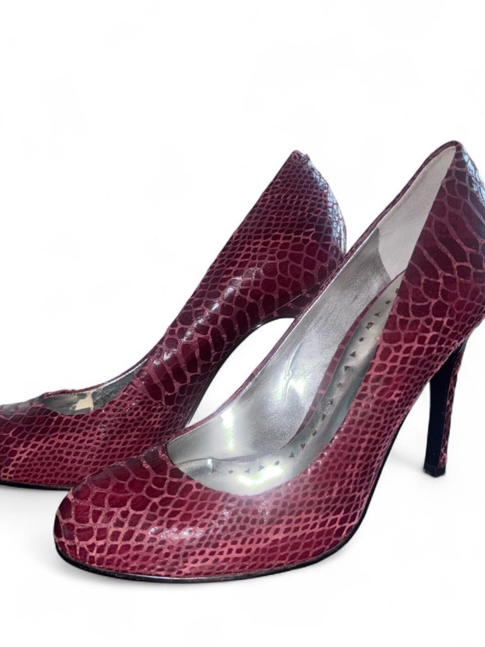 BCBG Burgundy Snake-Embossed High Heel Pumps